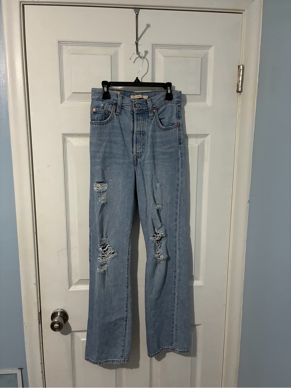 Levi's Light Blue Distressed Cropped Wide-Leg Jeans